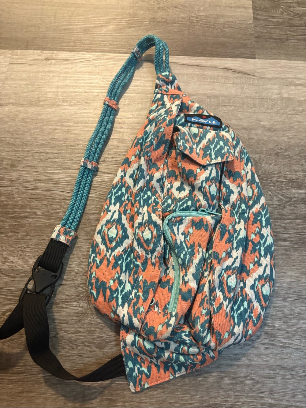 Kavu Teal, Orange & White Patterned Rope Sling Backpack